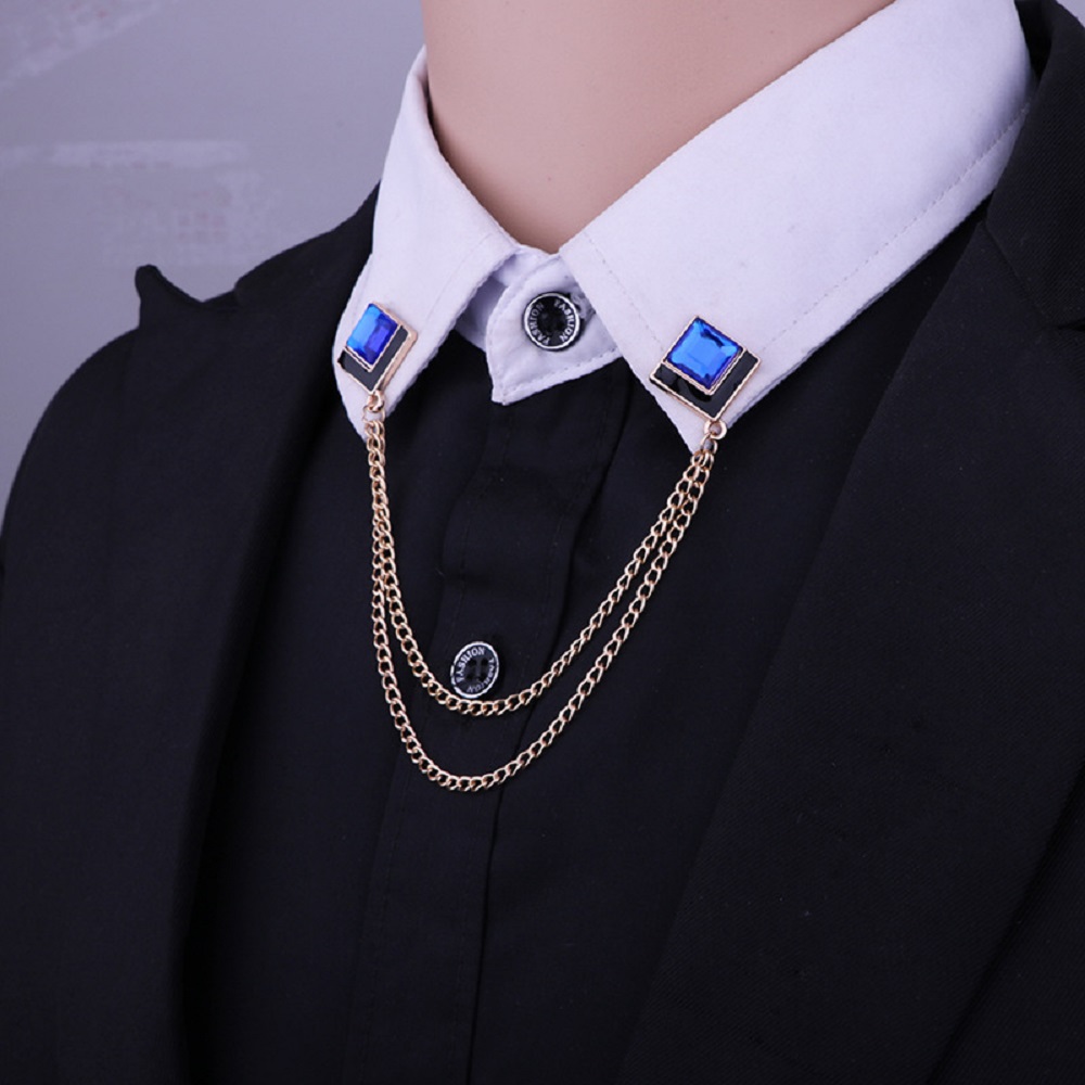 Men Accessories Brooch - Kristal Püsküllü Zincir Yaka İğnesi, Takım